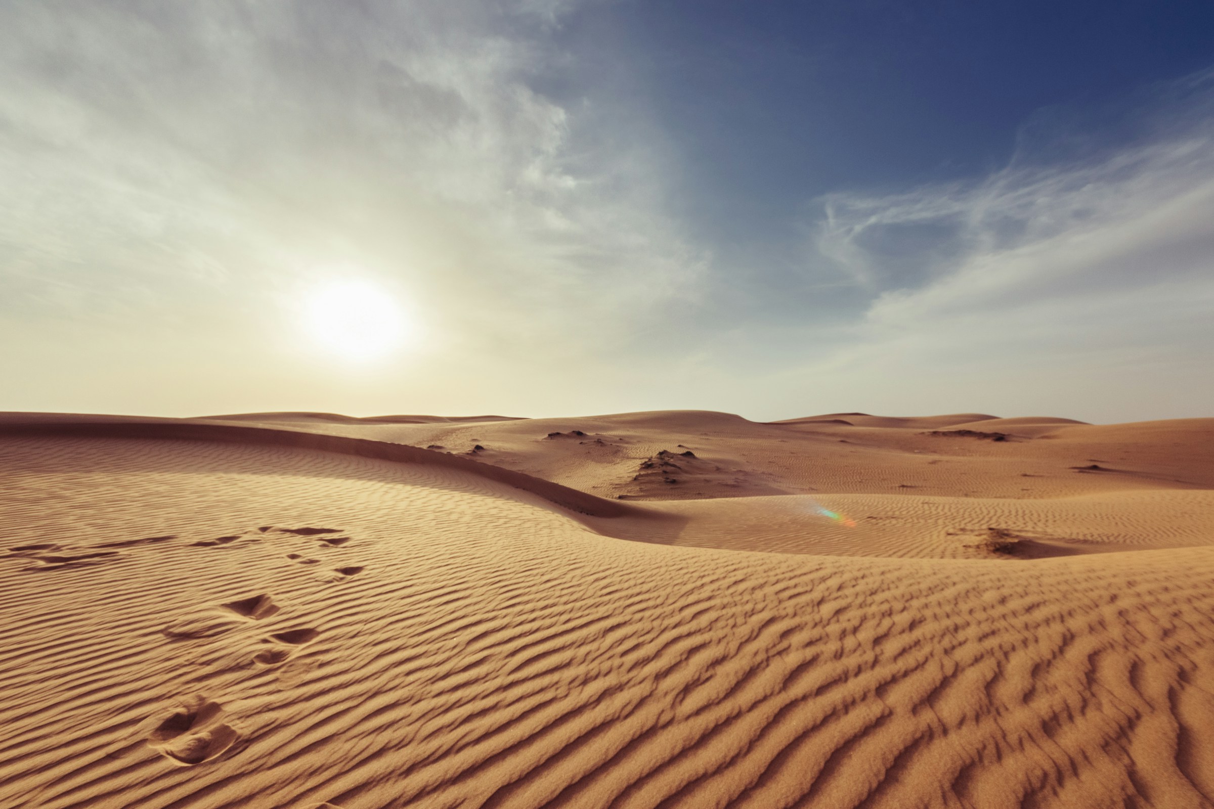 Desert landscape at dawn with soft warm light over sand dunes